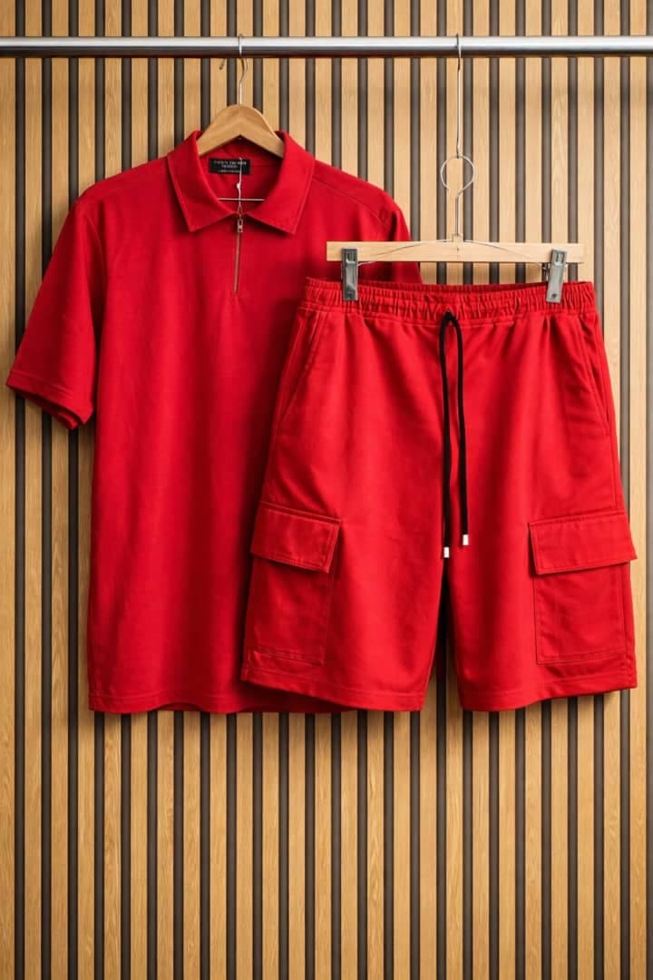 The Quarter-Zip Cargo Shorts Set – Crimson Red