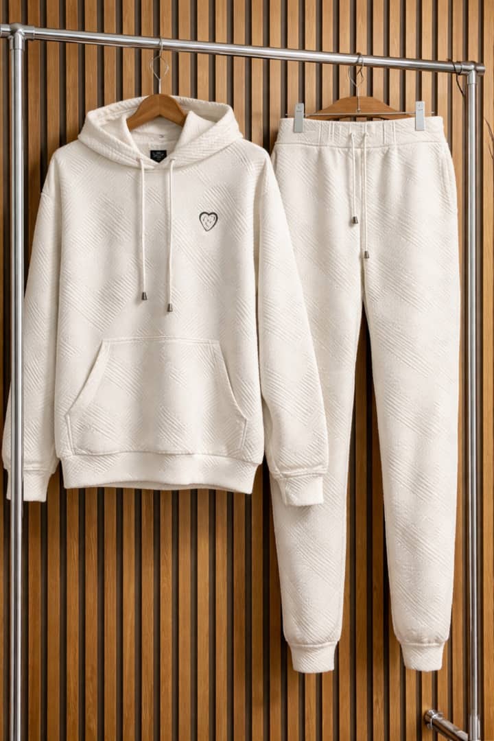 Cream Textured Hoodie & Jogger Set