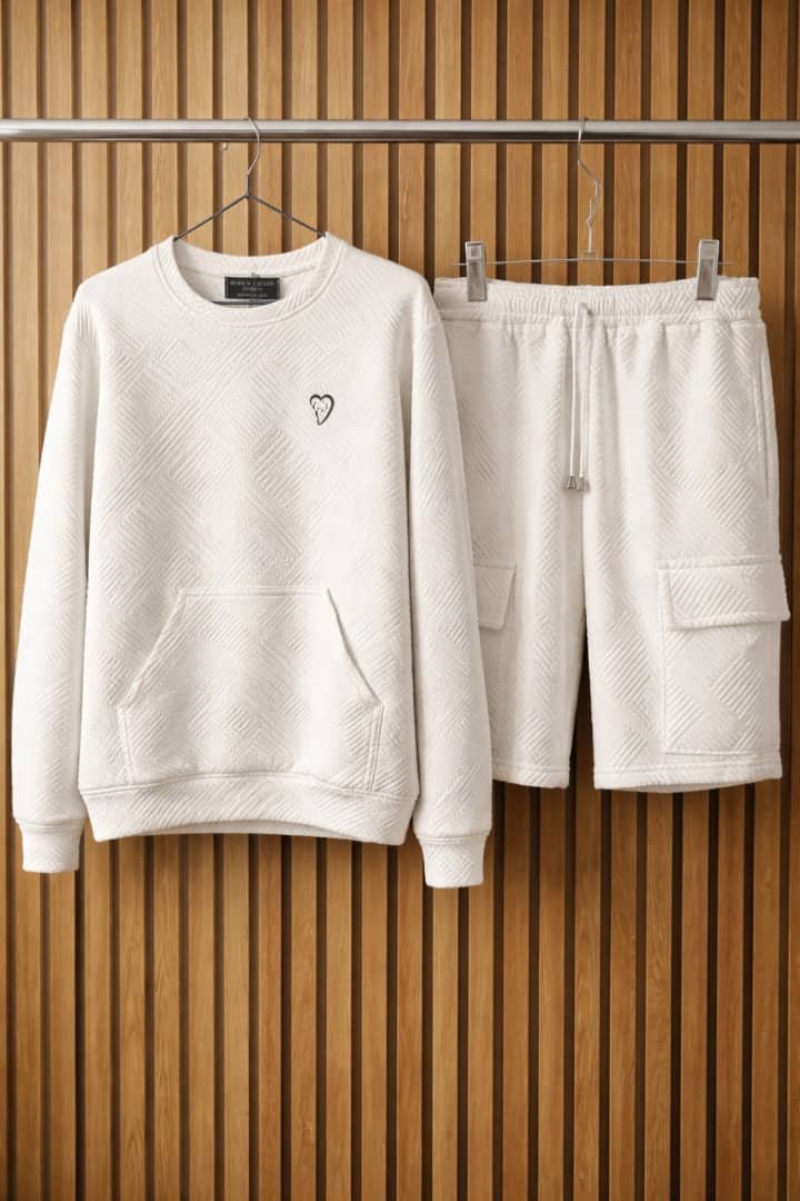 Cream Textured Sweatshirt & Cargo Short Set
