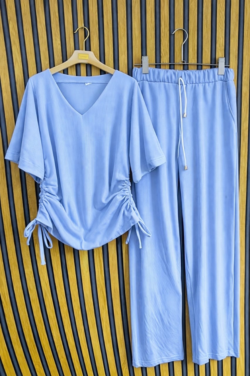 Powder Blue Ruched Ribbed Two-Piece Set