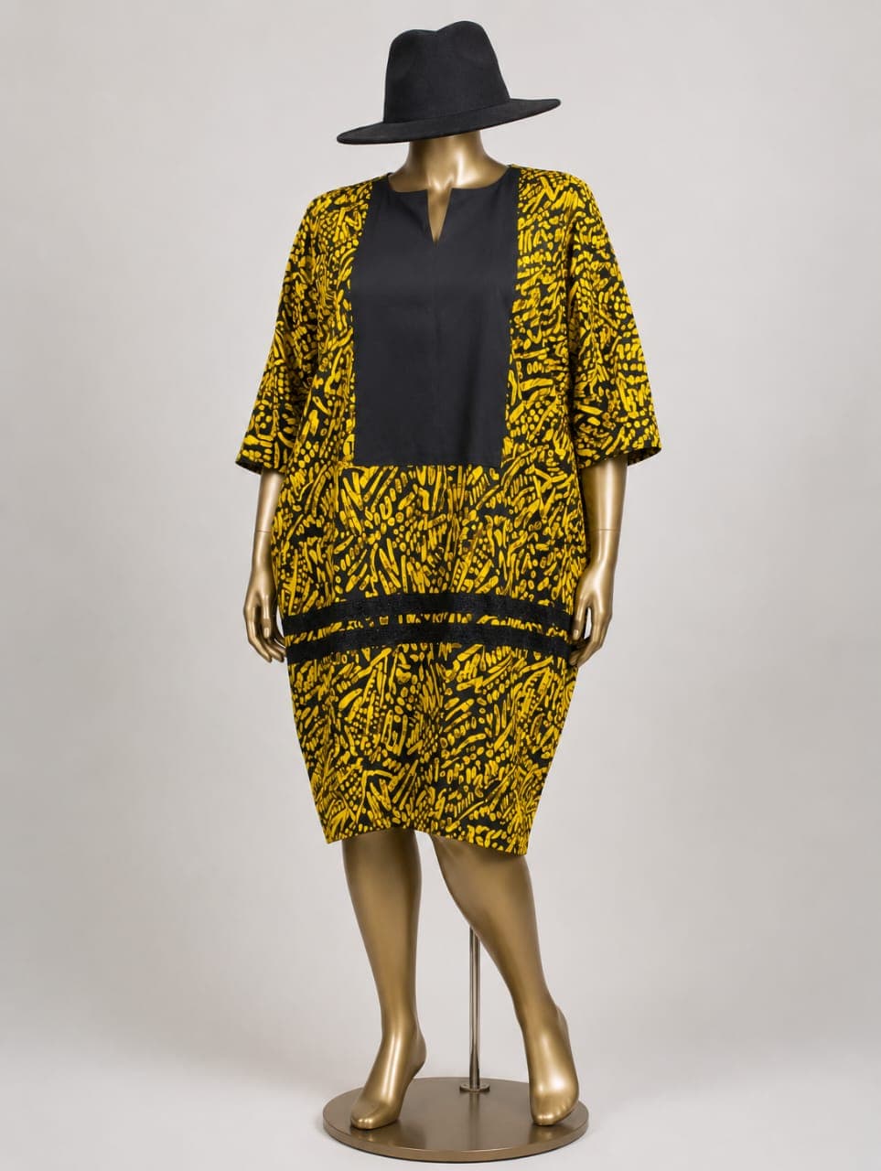 Yellow & Black Abstract Adire Shift Dress